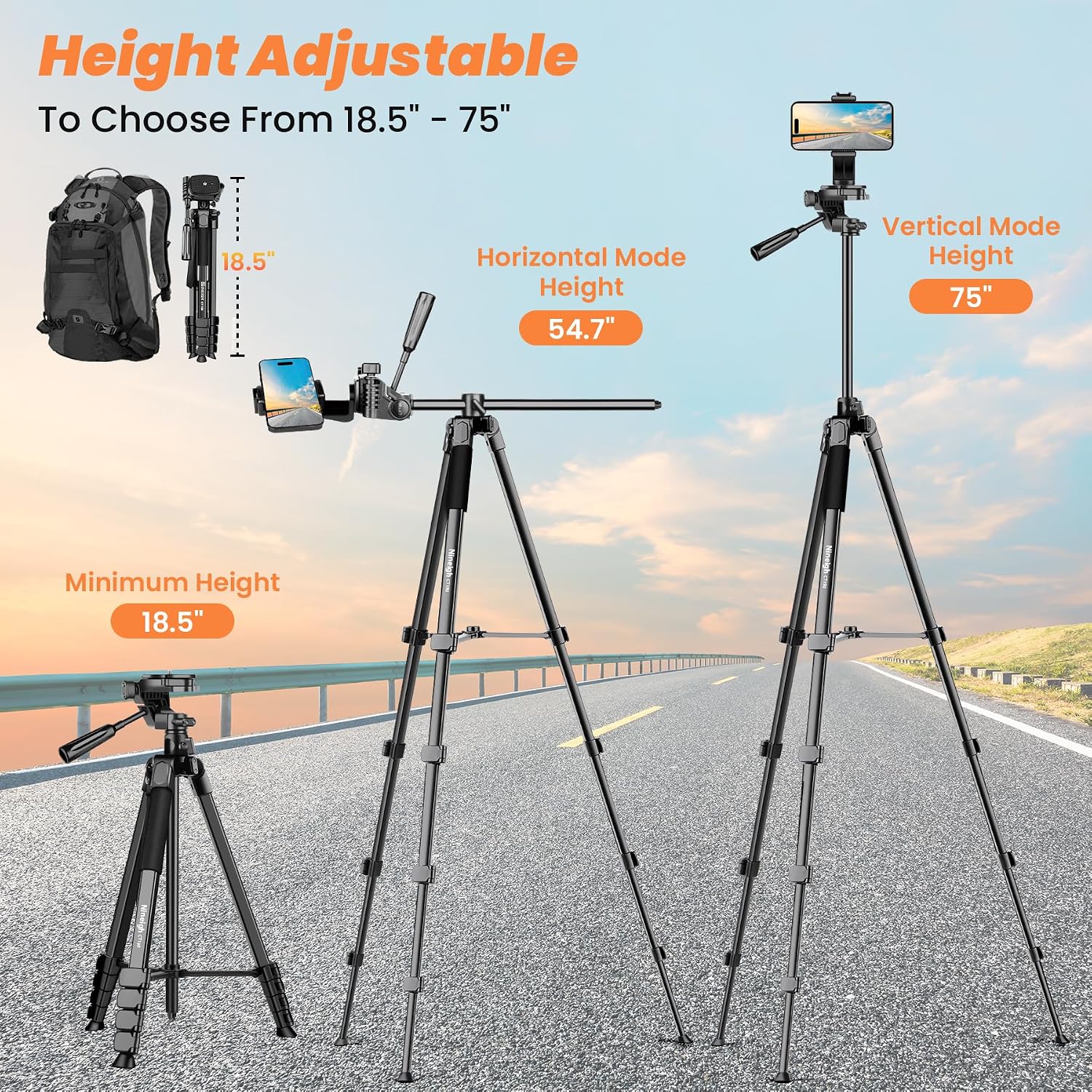 Thumbnail 4 de Nineigh Kamera-Handy-Stativ 190 cm mit 3-Wege-Kopf und Fernauslöser