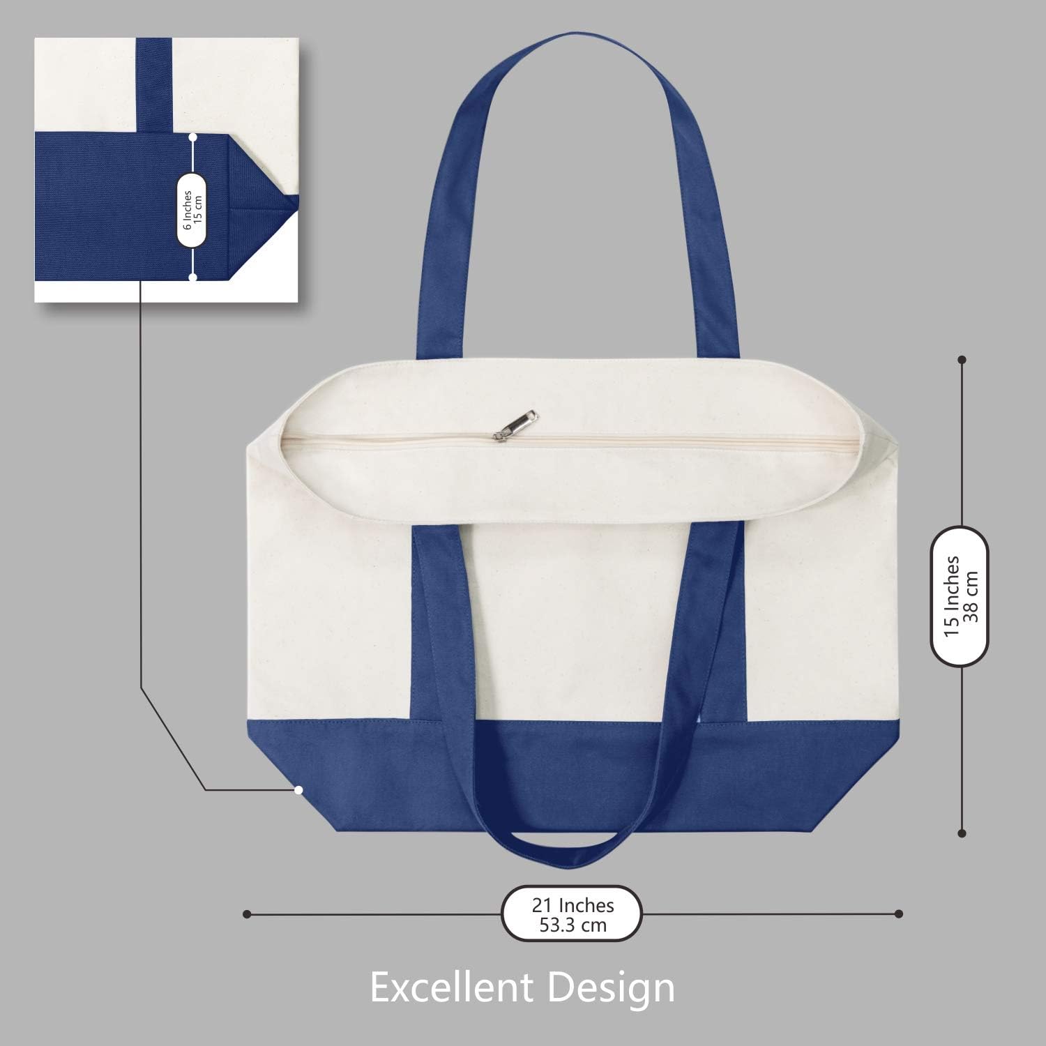 Thumbnail 4 de TOPDesign 30-Pack 12oz Cotton Canvas Reusable Grocery Bags with Exterior Pocket and Top Zipper (Blue/Natural)
