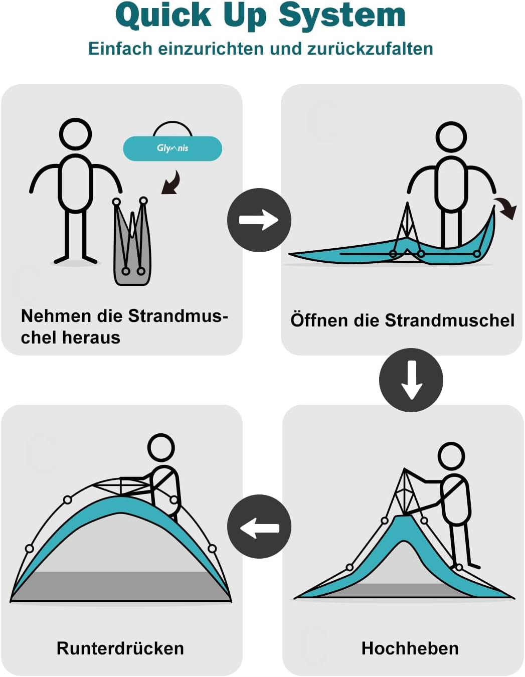 Thumbnail 6 de Glymnis Strandmuschel Quick Up Strandzelt UV-Schutz 50+ für 4–6 Personen