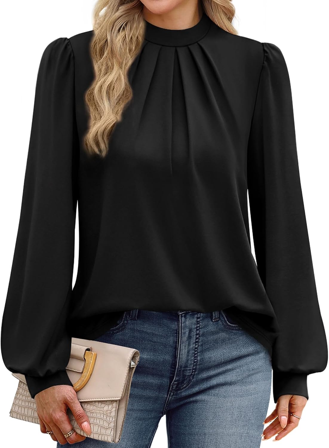Thumbnail 2 de WIHOLL Long Sleeve Mock Neck Blouse with Pleated Front for Women
