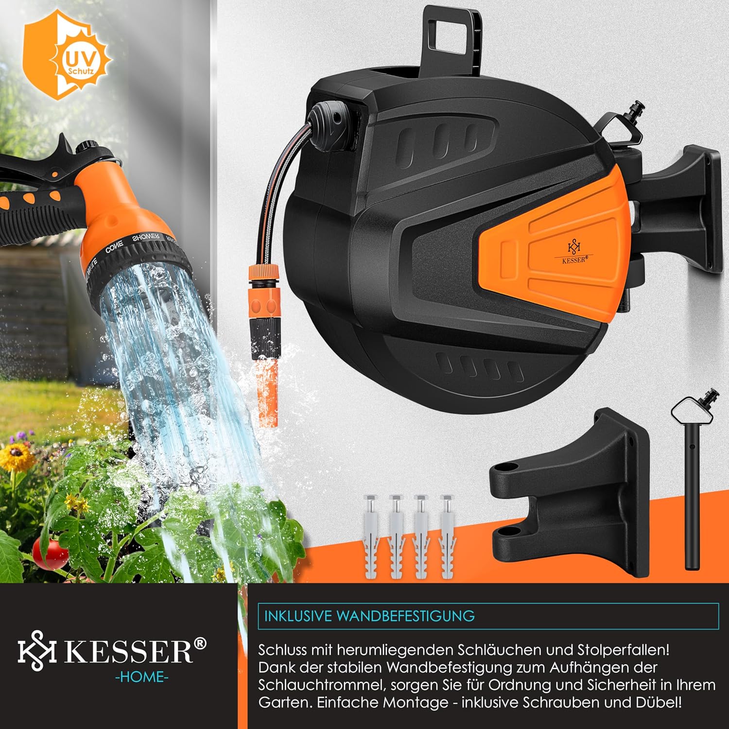 Detalle de KESSER® automatische Schlauchtrommel 30 m + 2 m – Wandbox mit Aufrollautomatik, 9‑Funktionen Handbrause