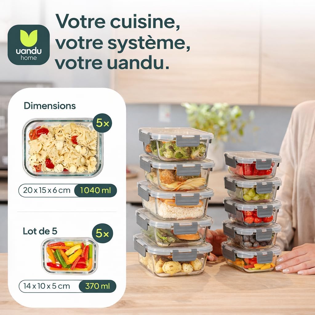 Detalle de Uandu Lot de 10 Boîtes Alimentaires en Verre Borosilicate – 370 ml et 1040 ml, hermétiques et sans BPA