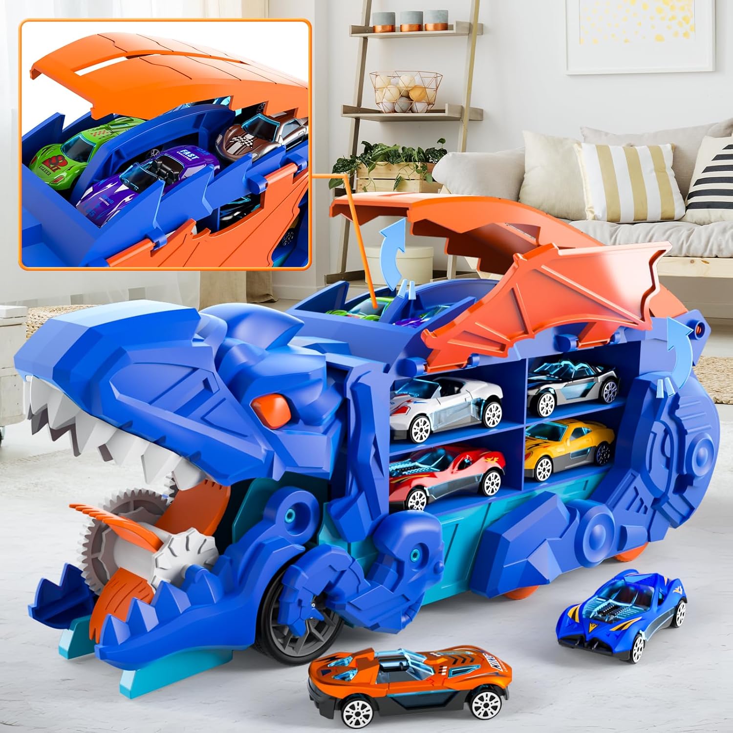 Detalle 2 de Toddler Dinosaur Transport Truck with 10 Die-Cast Cars – 3-in-1 Transforming Track Set