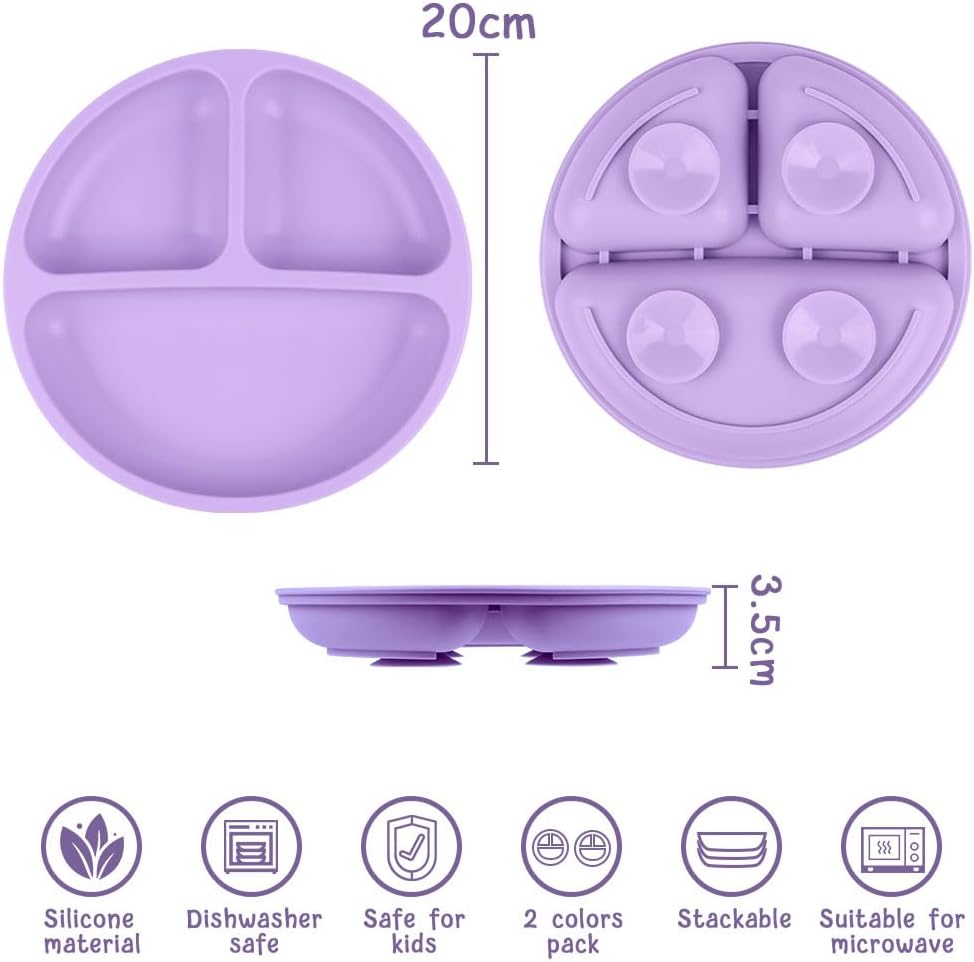 Detalle 2 de Vicloon Piatto per Bambini con Ventosa a 3 Scomparti – 2 Pezzi in Silicone (Viola/Rosa)