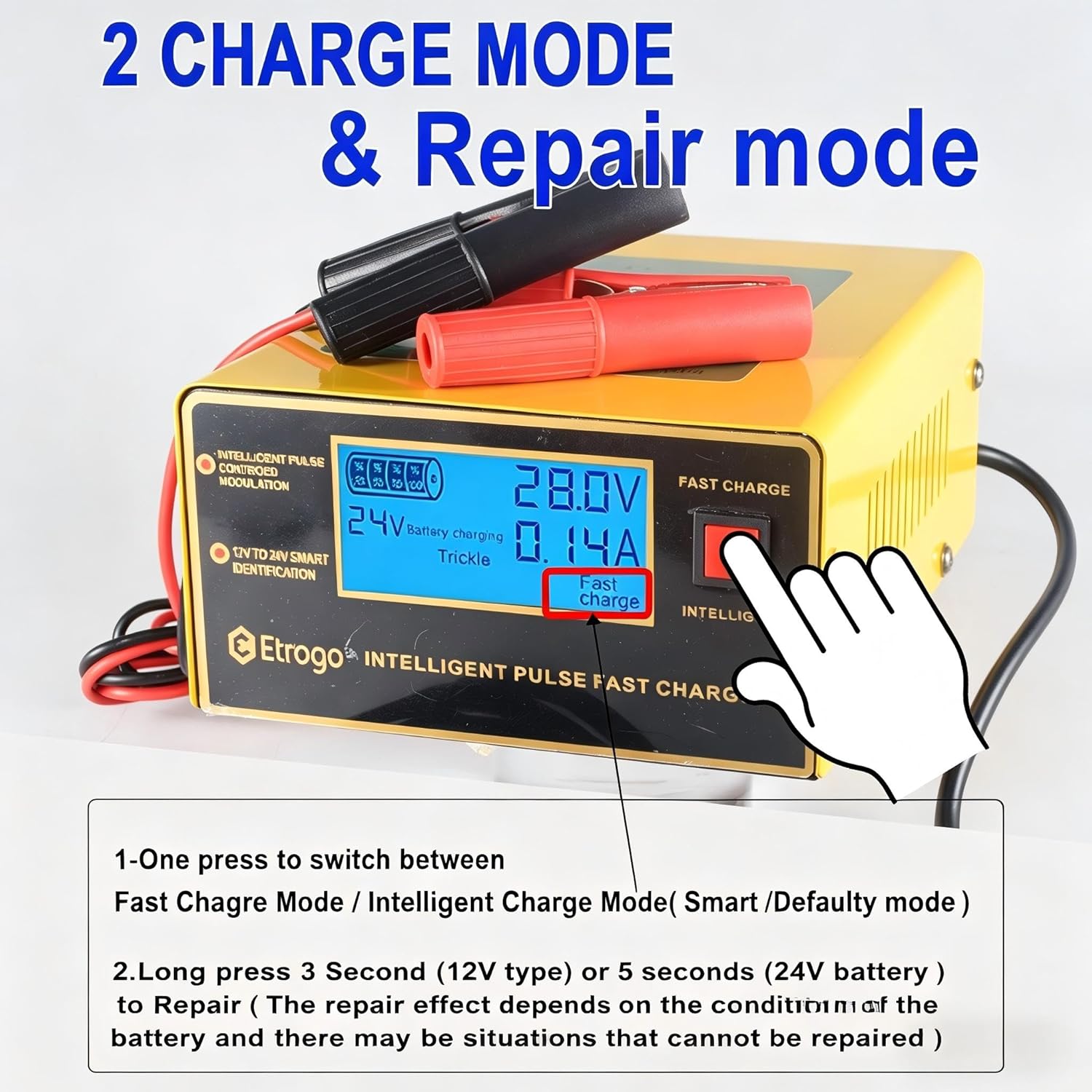 Thumbnail 2 de Etrogo 12V/24V Intelligent Battery Charger 10A with Large Display and Repair Function (UK mains)