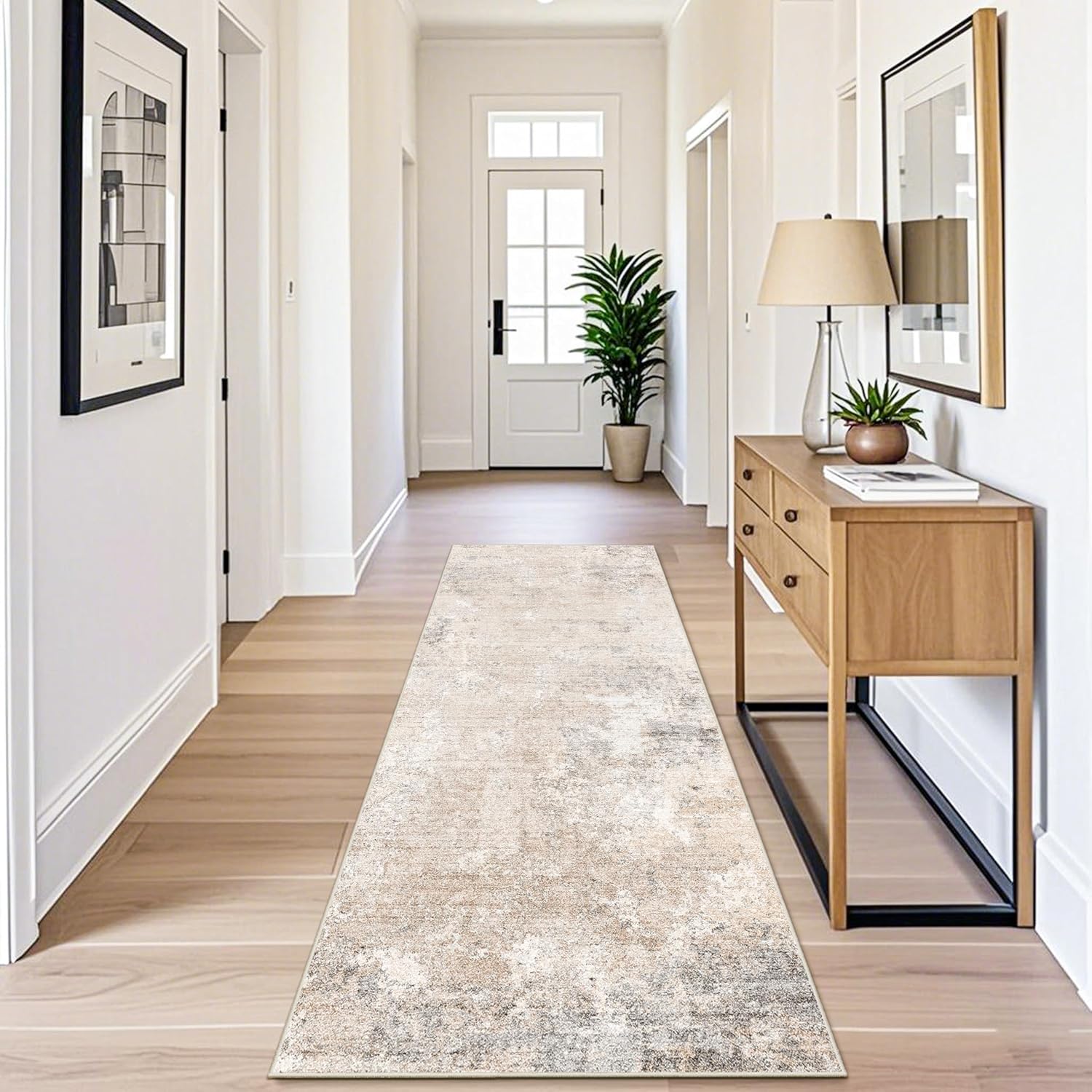 Detalle de 3x8 Washable Non-Slip Runner Rug – Modern Abstract Neutral Beige Grey