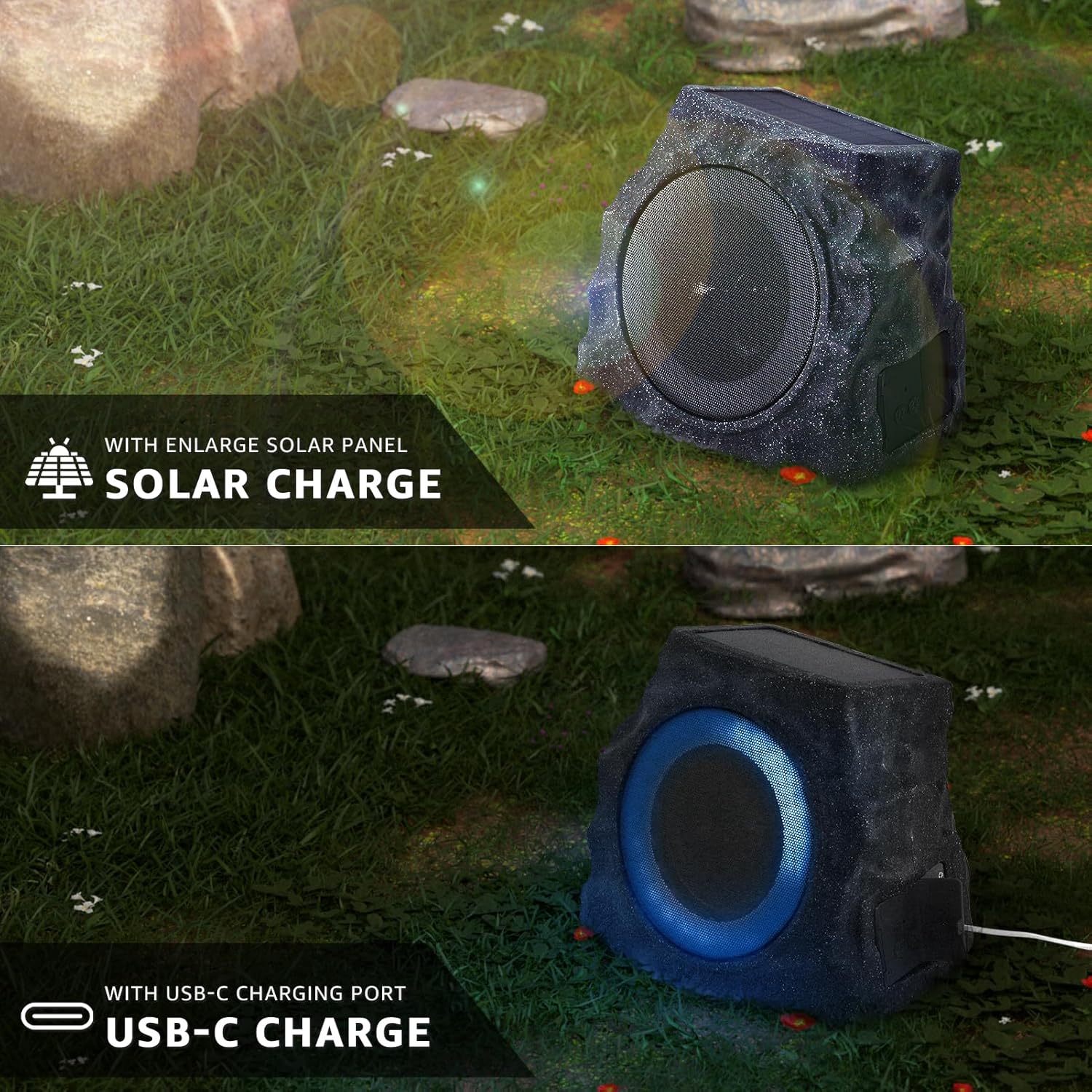 Detalle 2 de uuffoo 2-Pack Solar Powered Rock Speakers for Outdoor Patios (IP44, RGB lights)