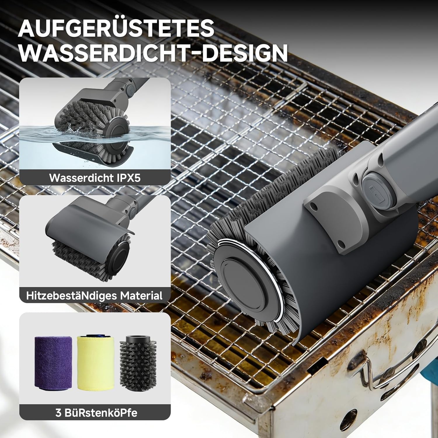 Thumbnail 2 de Elektrische Grillbürste mit 3 Geschwindigkeiten, Akku, verstellbarem Bürstenkopf und IPX5 – besonders geeignet für Gussrost