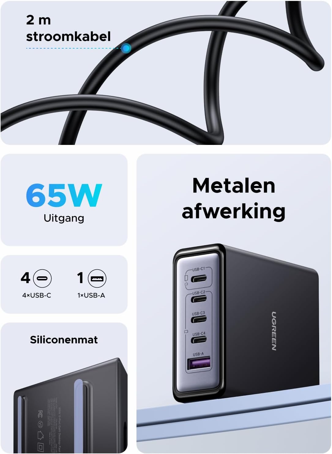 Detalle 2 de UGREEN 65W GaN USB-C-lader, 5-in-1 desktoplaadstation met PPS
