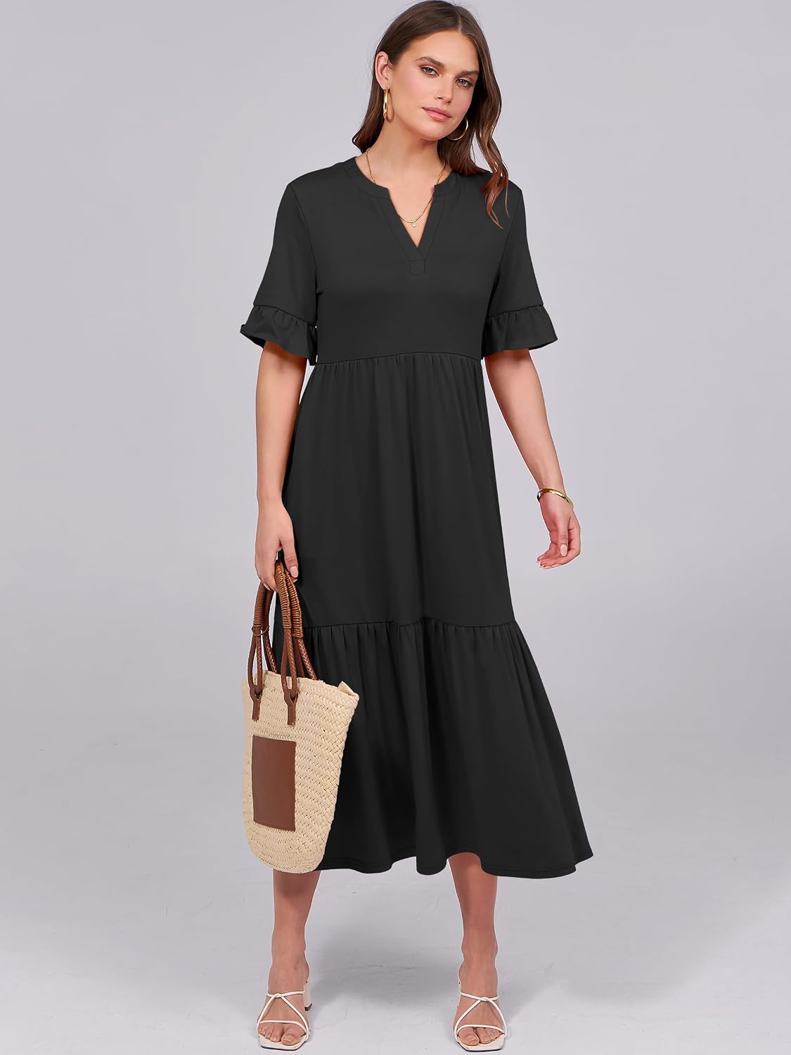 Detalle de ANRABESS Women's Summer Maxi Dress: Boho-Chic Tiered V-Neck with Pockets