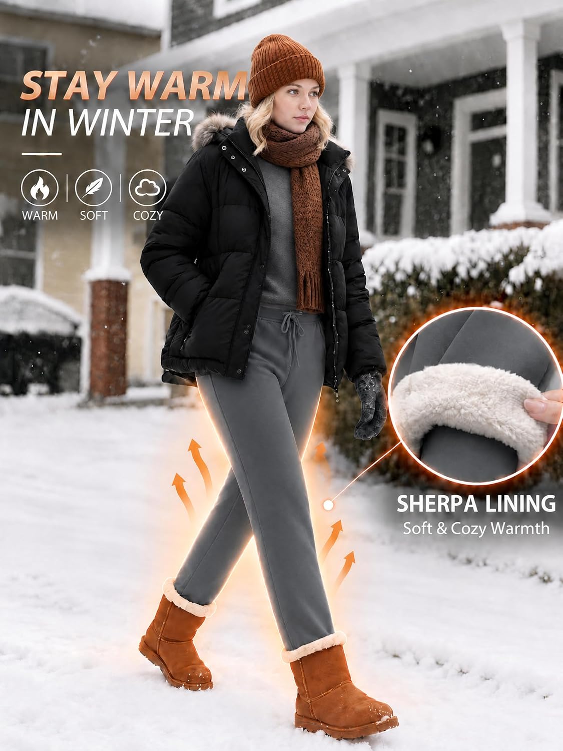 Detalle de TACVASEN Women's Sherpa-Lined Sweatpants, High-Waisted Winter Lounge Pants with Pockets