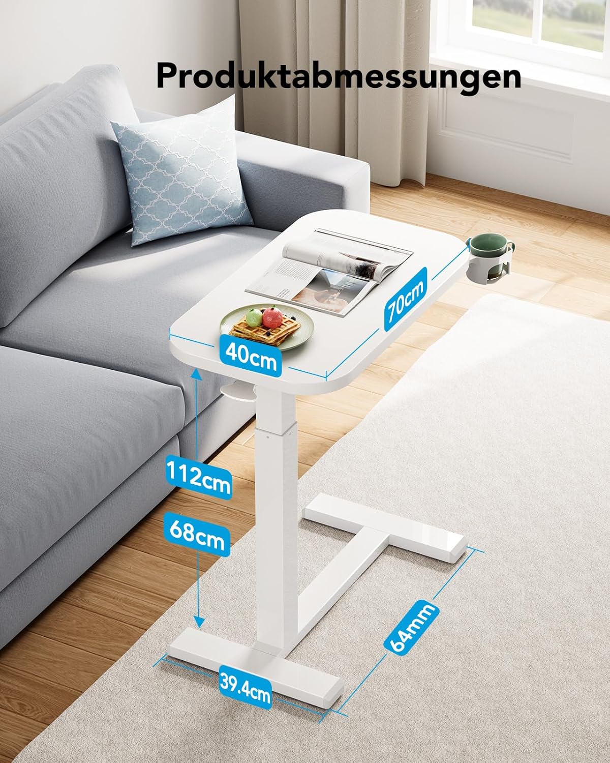 Detalle de HUANUO Beistelltisch mit Rollen – höhenverstellbar, 70 x 40 cm, Becherhalter, mobil für Homeoffice