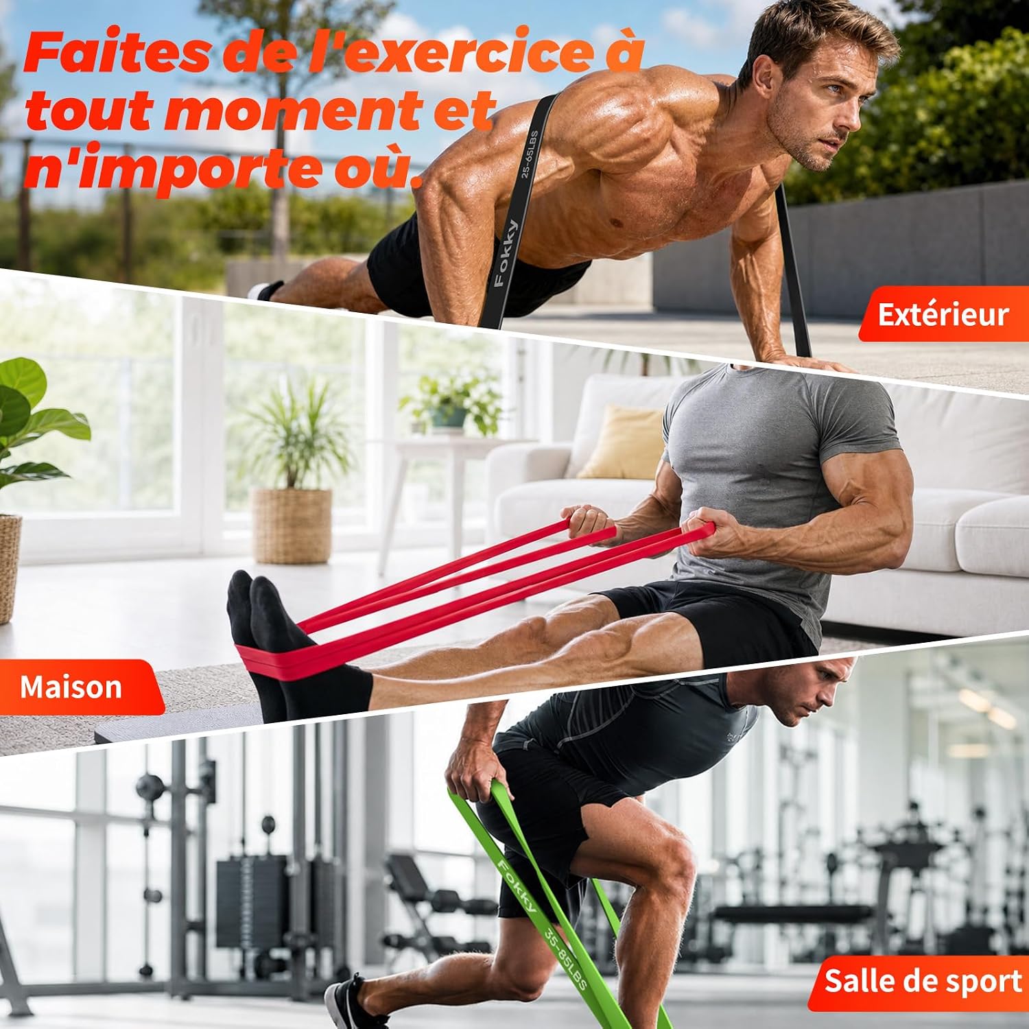 Thumbnail 6 de Fokky Bande Elastique Musculation – Kit 4 Niveaux (Orange 5–15 LBS, Rouge 15–35 LBS, Noir 25–65 LBS, Vert 35–85 LBS) et Sac de Transport