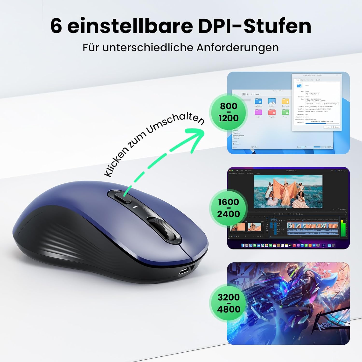 Thumbnail 3 de TECKNET Bluetooth Maus: kabellose Silent-Maus mit 4800 DPI und zwei Geräten
