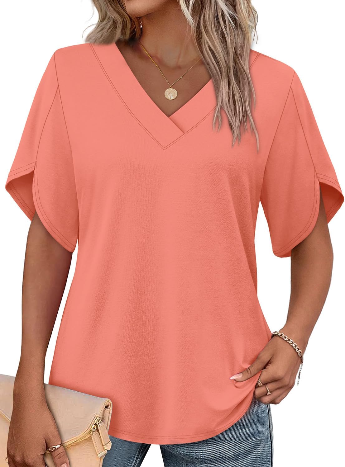 Detalle de WIHOLL Women’s V-Neck Split Petal Sleeve Summer Top