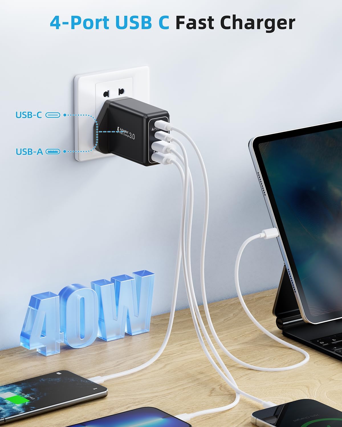 Detalle de 2-Pack USB C Plug 40W 4-Port Charger UK – Dual USB-C & Dual USB-A Fast Charge