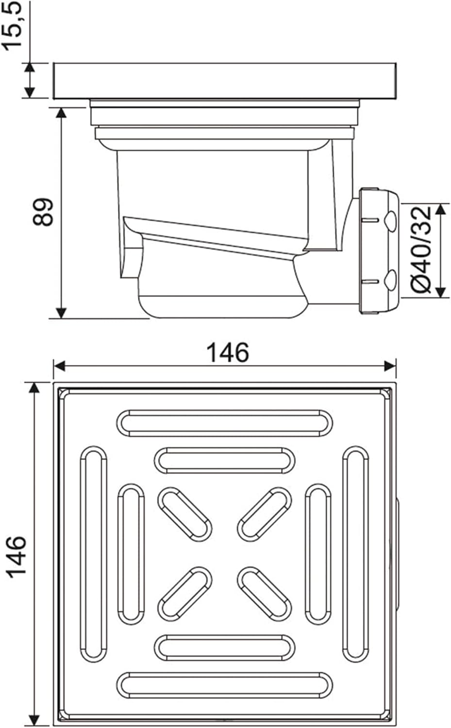 Detalle de Cofan Piletta di scarico con sifone | 146 x 146 mm, Ø40 mm, riduttore Ø32 mm