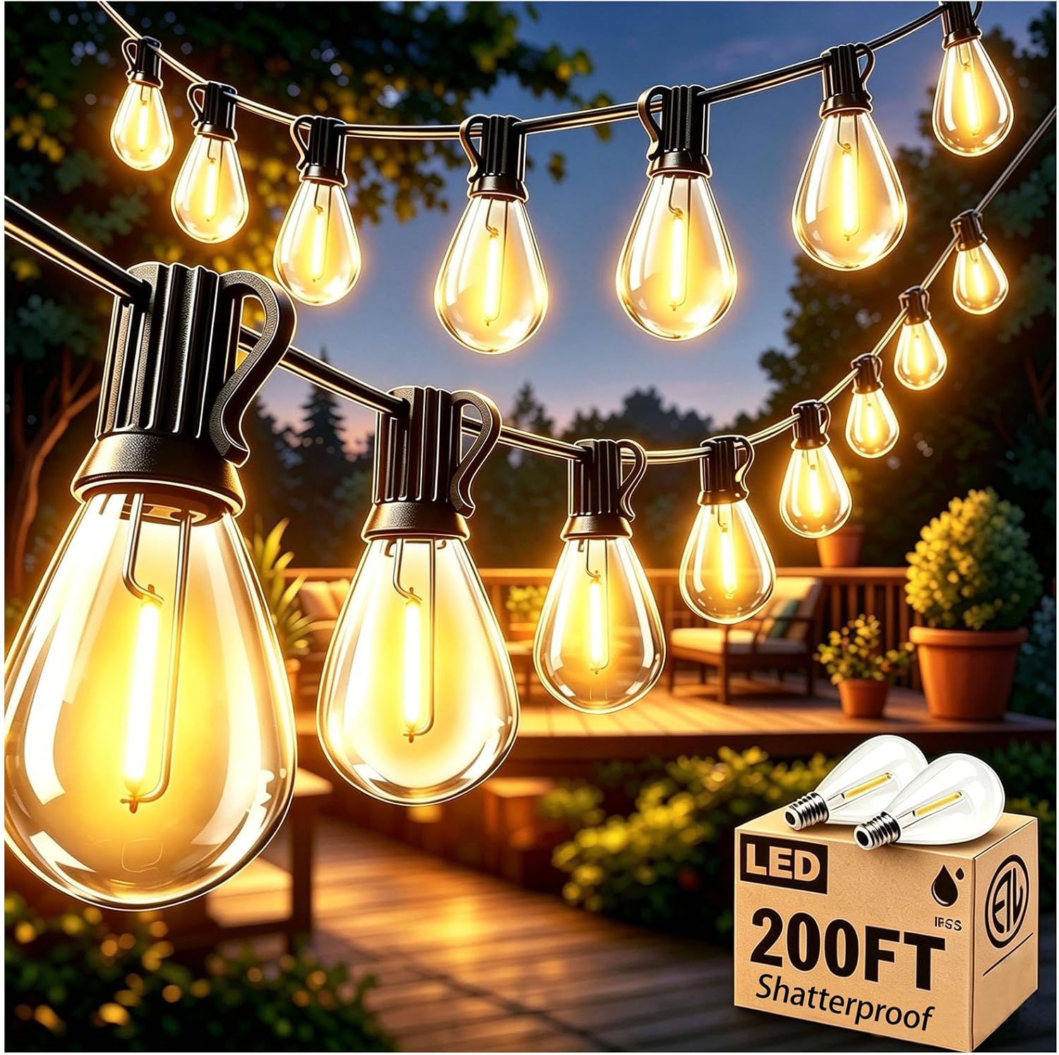 Detalle de smareal 200FT Outdoor String Lights, 2700K Warm White, IP65, Shatterproof S11 LEDs