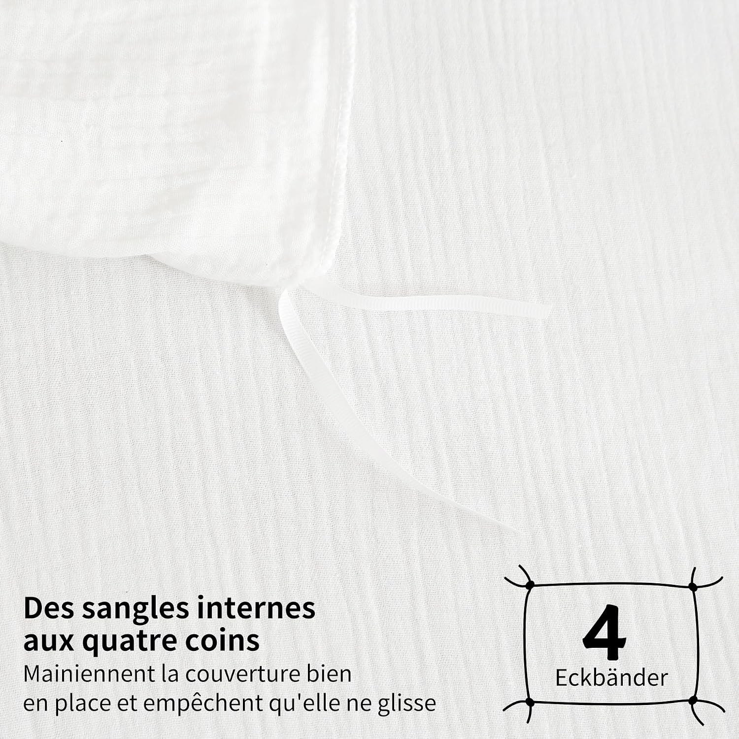 Detalle de YASMENG Parure de lit double en gaze de coton 240x260 blanc, housse de couette zippée et taie 65x65