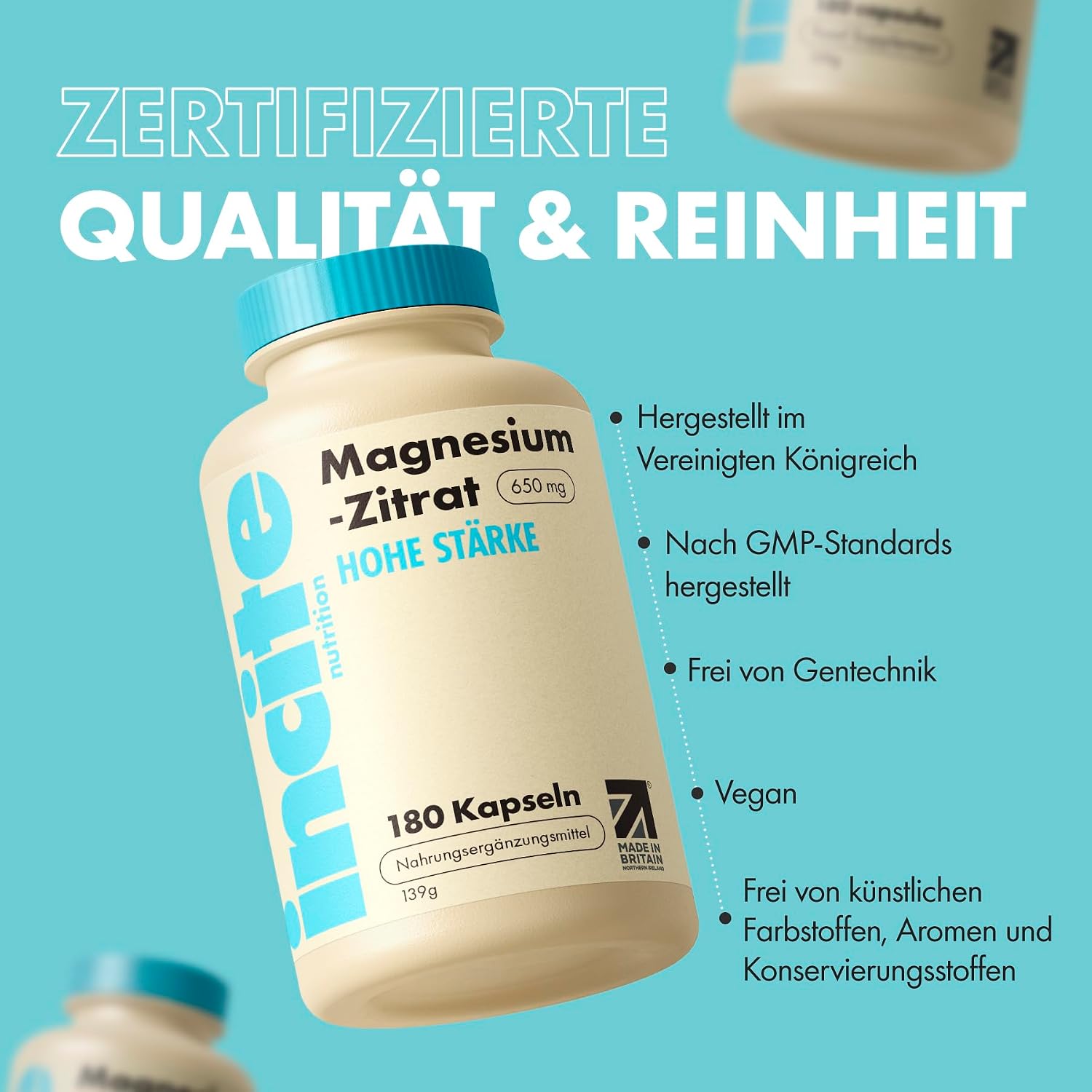 Detalle de Incite Nutrition Magnesium Citrat Kapseln 650 mg – Hochdosierte vegane Ergänzung