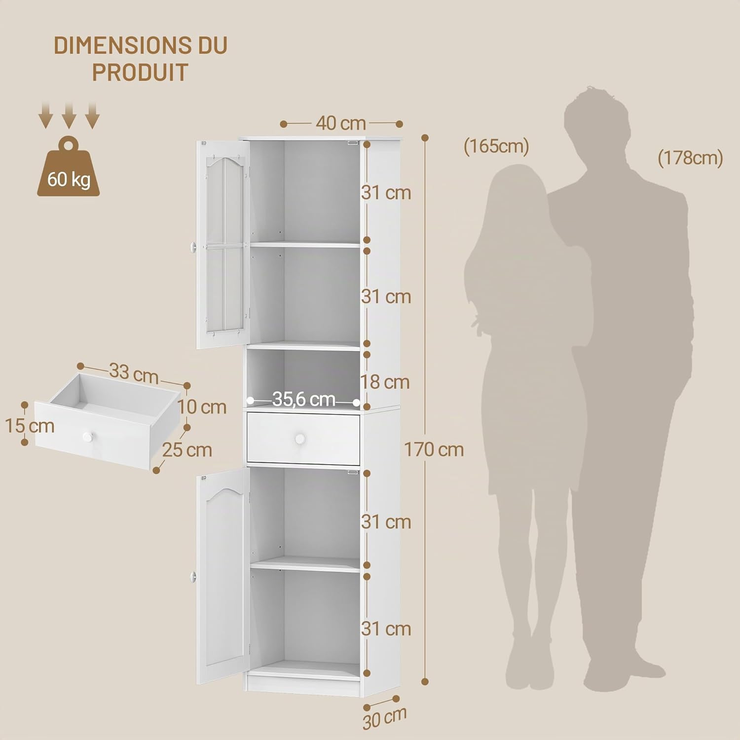 Detalle 2 de Hzuaneri Meuble Salle de Bain SC10003X : Armoire haute blanche à porte vitrée et tiroir