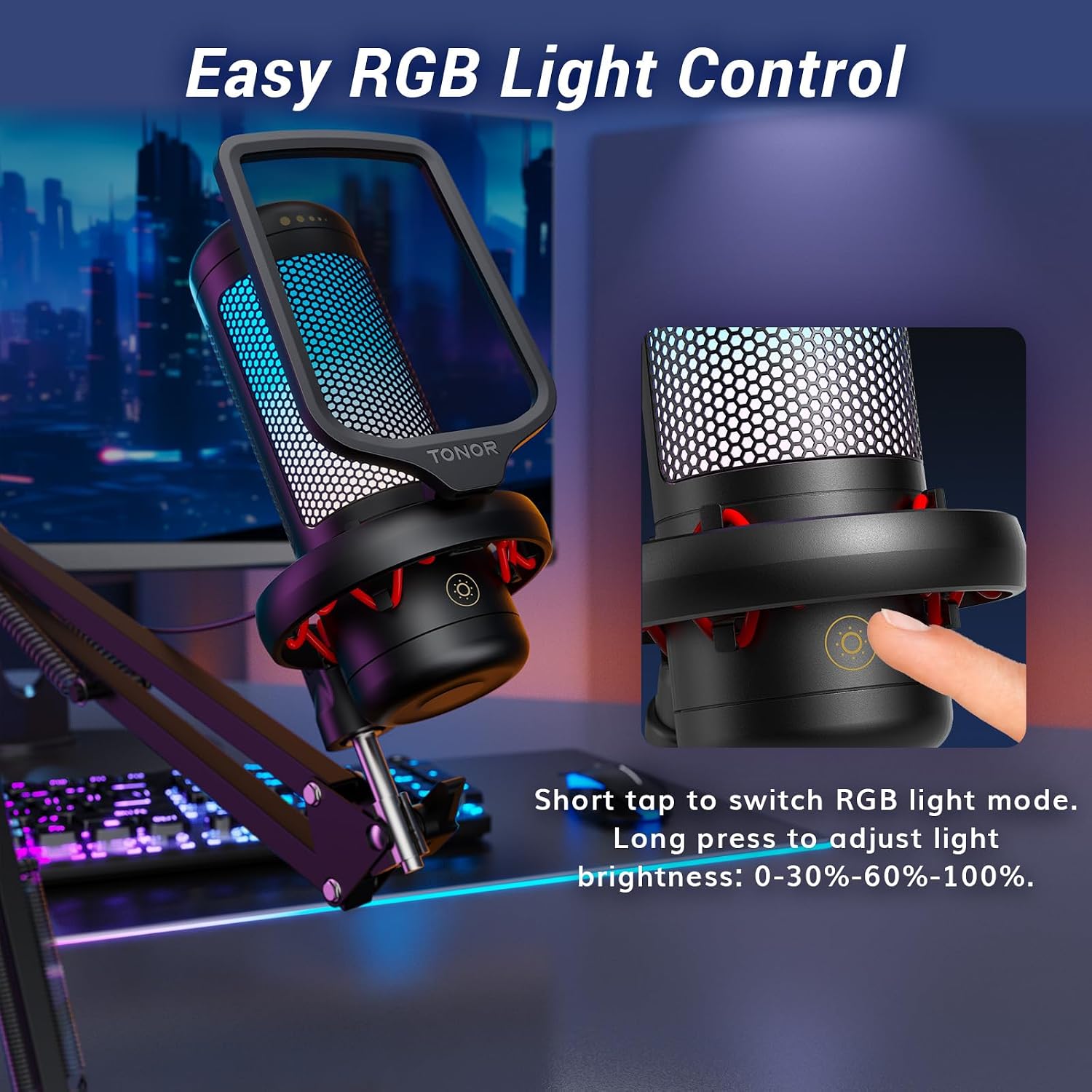 Detalle 1 de TONOR TC310+ USB Gaming Microphone with RGB, Boom Arm and Gain Control