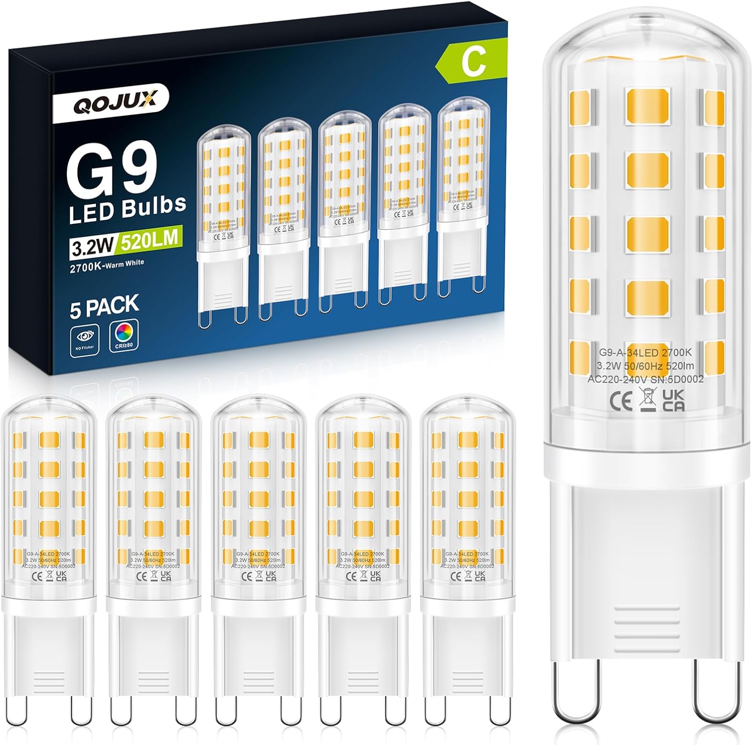 Detalle de QOJUX G9 LED Warmweiß 3.2W, 520 lm – 2700K, 34 LEDs, G9 Sockel, 5er Pack