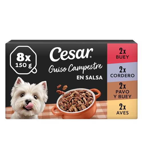 Detalle de Cesar Country Stew: Bandeja para perros adultos 150 g, pack de 8 (y 3) con trozos de ternera, cordero, ave y pavo en salsa