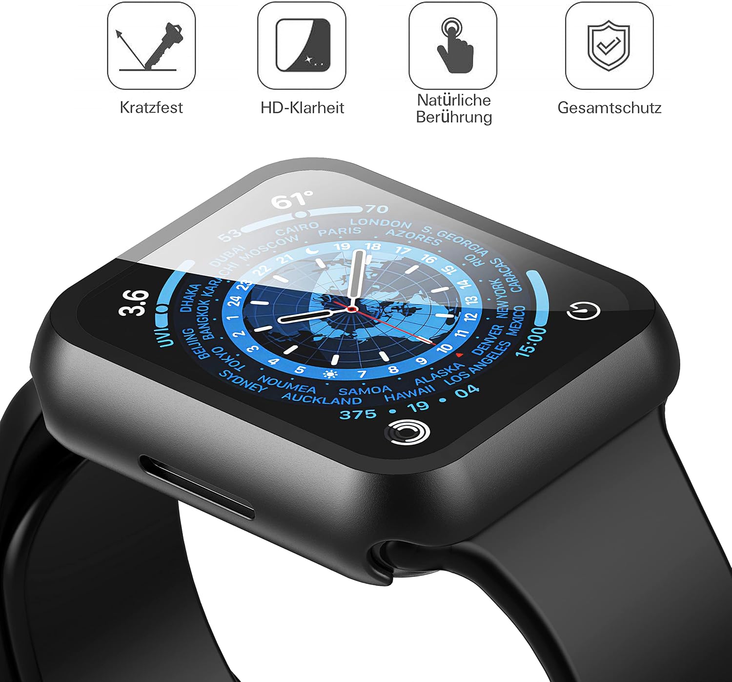 Thumbnail 1 de Misxi Hard Hülle mit Glas-Displayschutz für Apple Watch Series 9/8/7 (45 mm) – 2er-Set, schwarz