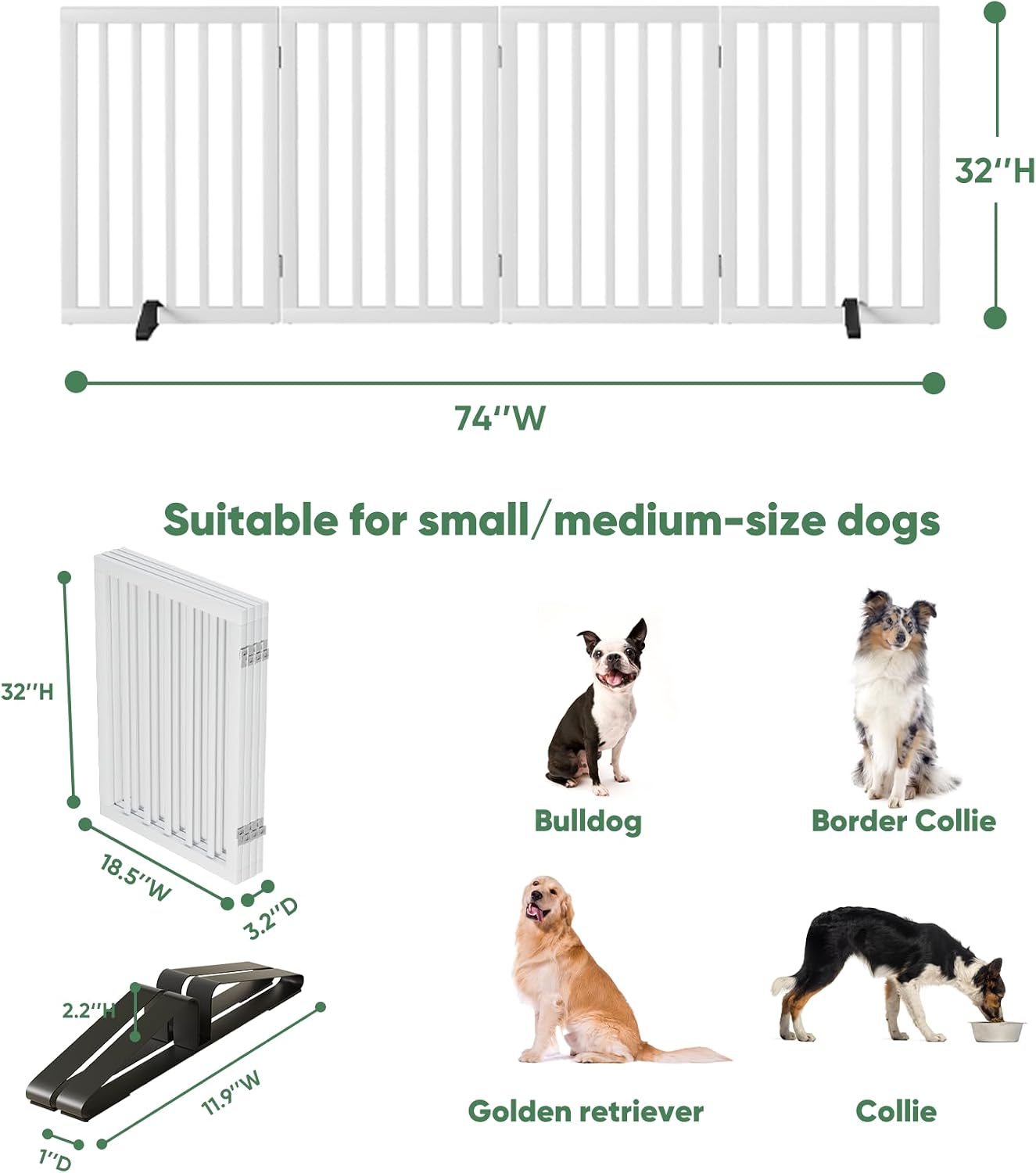 Thumbnail 1 de Tall Dog Gates for Doorways – Foldable Indoor Freestanding Pet Gate with Metal Support Feet, 4 Panels (white)