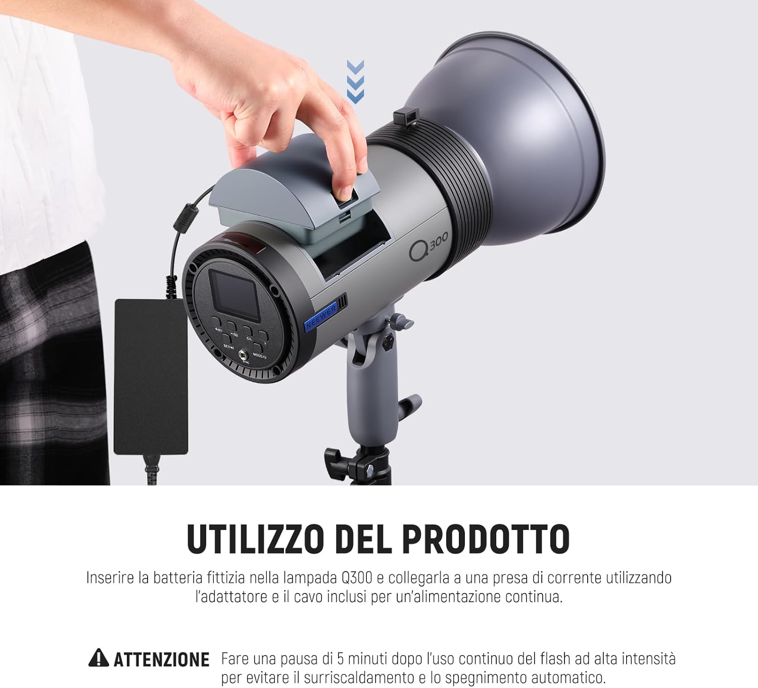 Thumbnail 2 de NEEWER Kit batteria fittizia per flash stroboscopico Q300 (con alimentatore AC, spina EU) NT-Q300