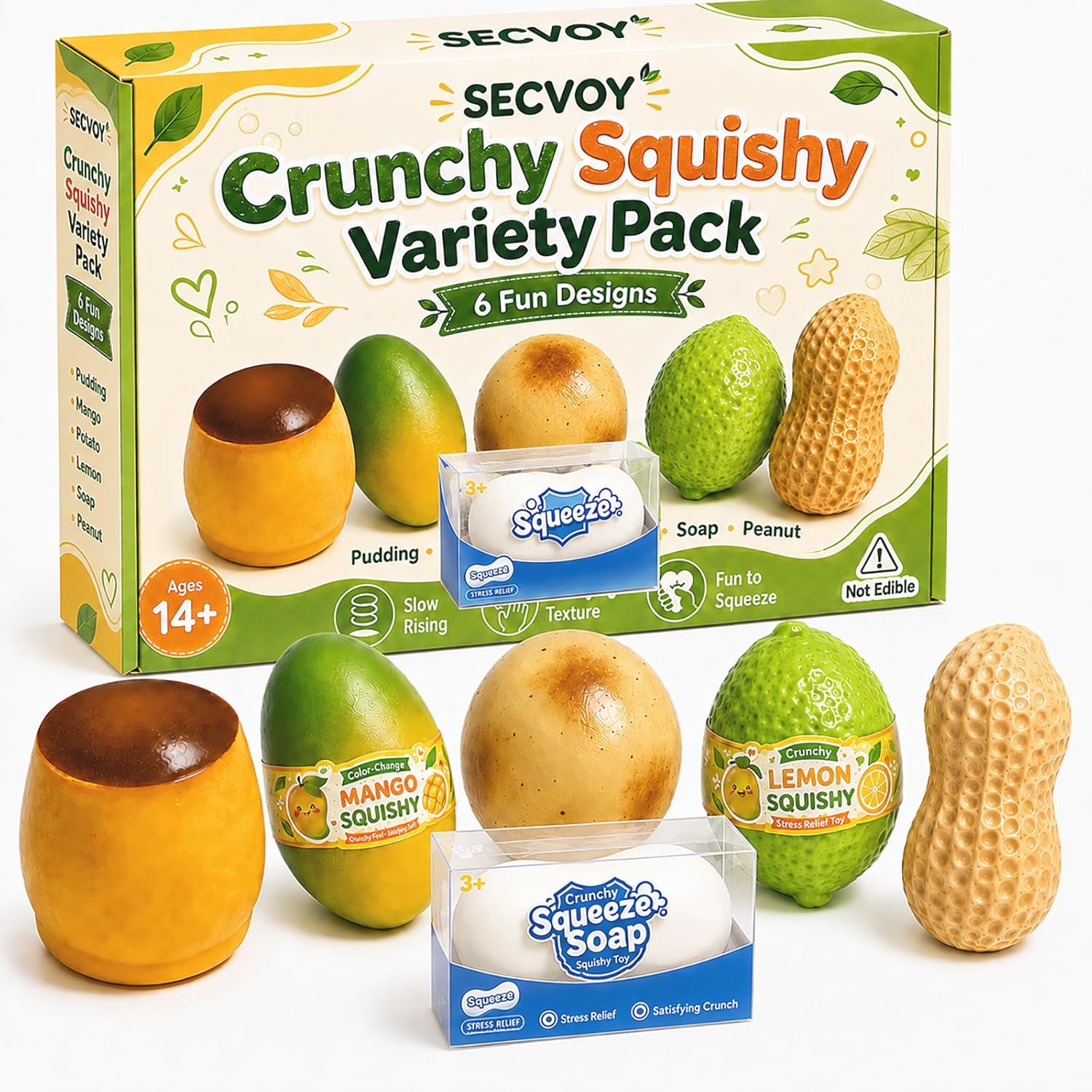 Detalle de SECVOY Crunchy Squishy Set, 6 Slow-Rising Food-Shaped Fidgets