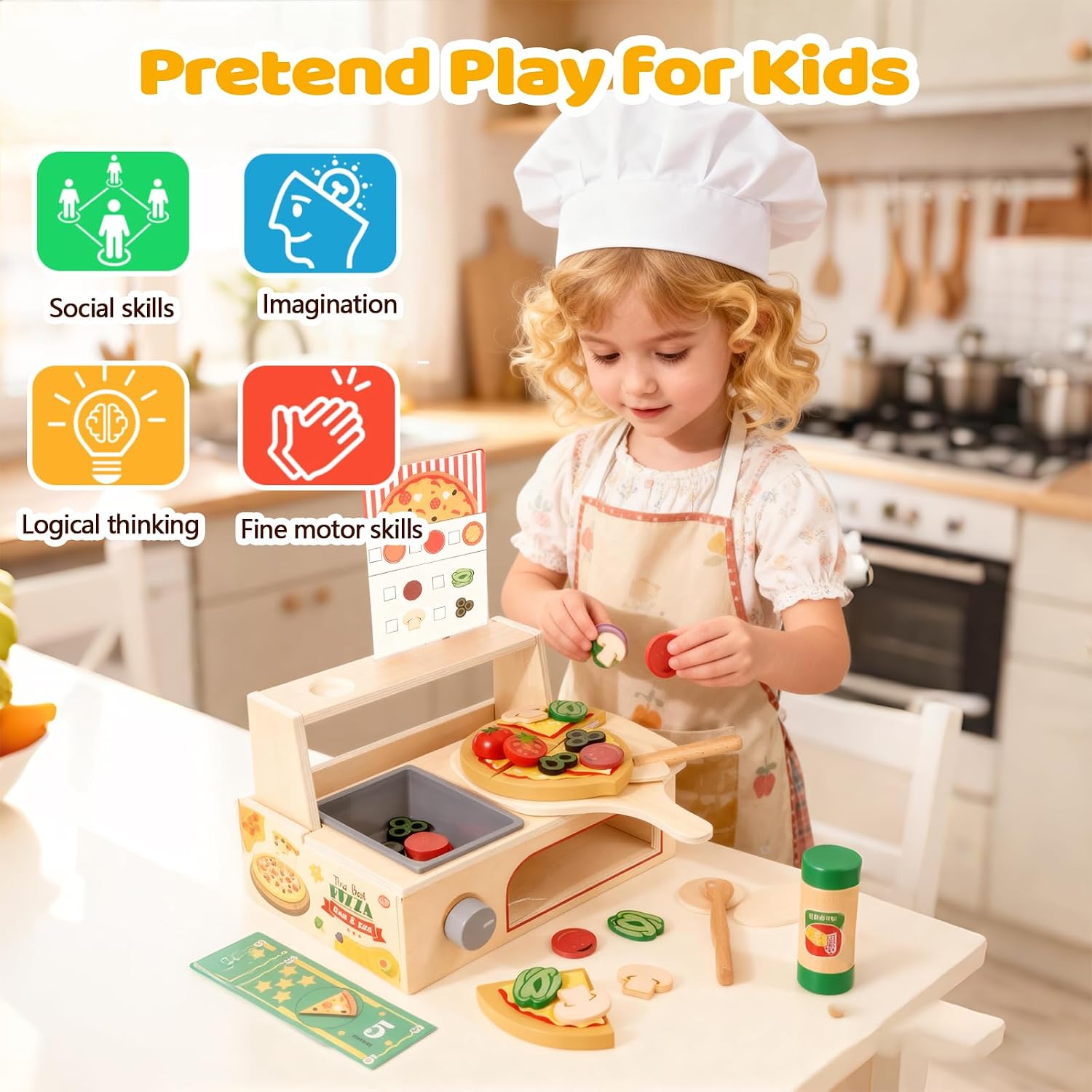 Thumbnail 1 de Smartwo Wooden Pizza Oven Toy for Kids – 50-Piece Pretend Play Set
