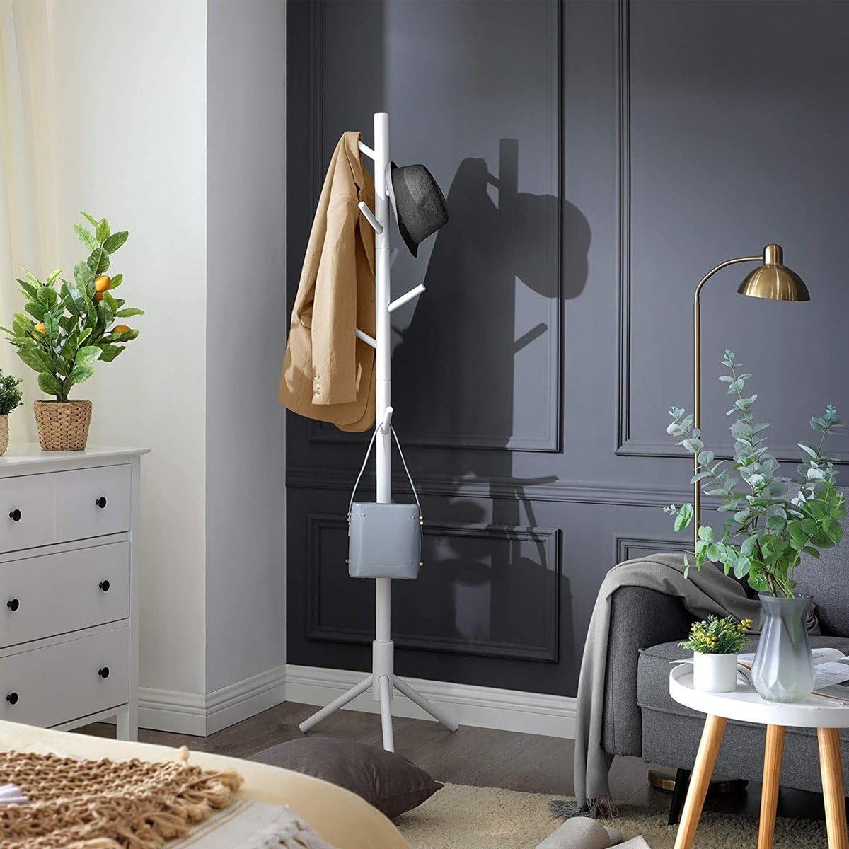 Detalle 2 de VASAGLE RCR04WT Wooden Coat Rack, White, 8 Hooks and 3 Adjustable Heights