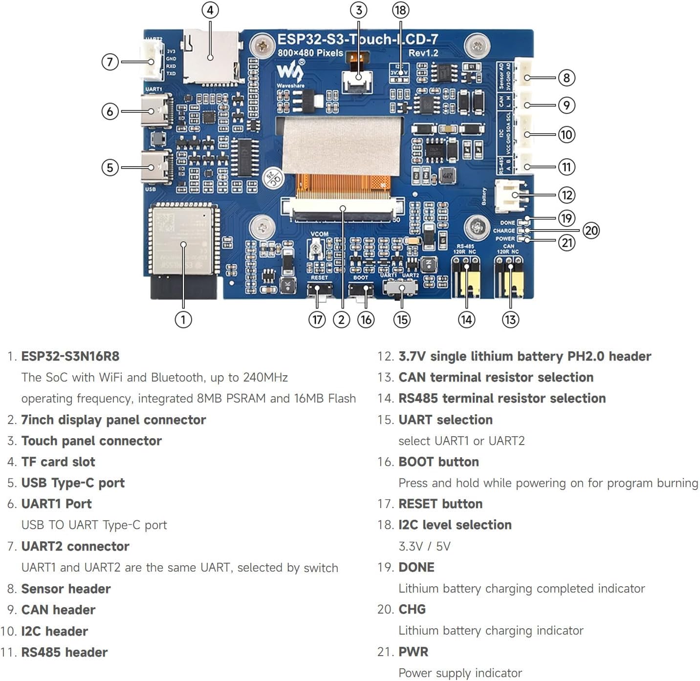 Detalle 2 de WaveShare ESP32-S3-Touch-LCD-7 7インチタッチLCD開発ボード、800×480・5点タッチ対応