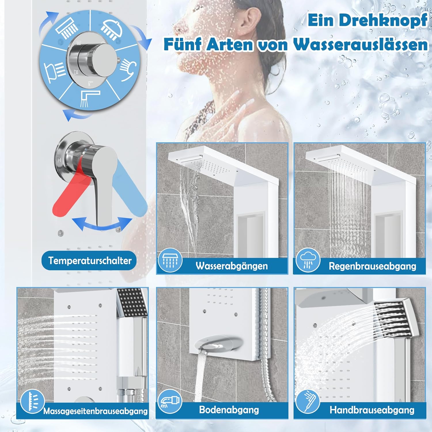 Thumbnail 3 de Froadp Kit Doccia a Pioggia in Acciaio Inox, 5 Funzioni, Montaggio a Parete – Set Doccia Completo (Bianco)