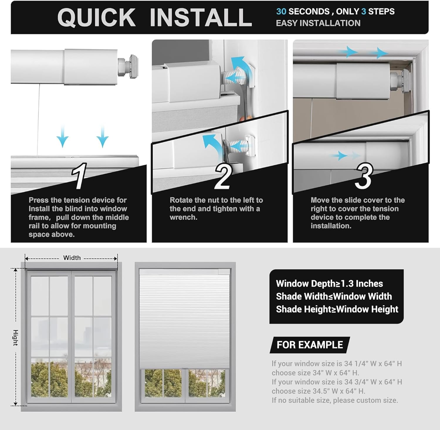 Detalle 2 de Boolegon No Drill No Tools Cellular Shades Top Down Bottom Up Honeycomb Blinds – White, Blackout, 33.5" W x 78" H