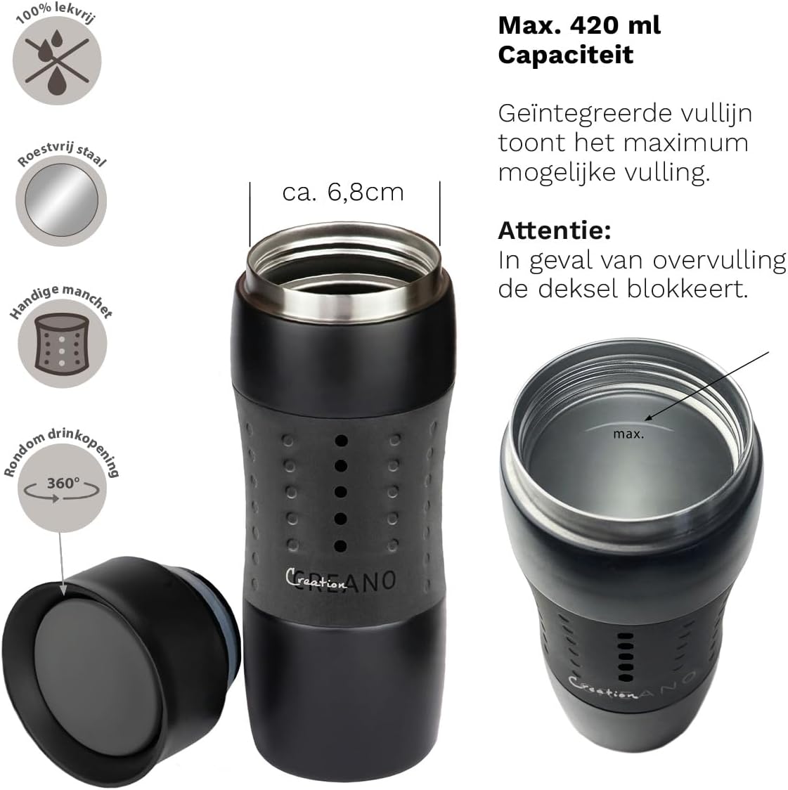 Detalle 2 de Creano noir thermobeker 420 ml van roestvrij staal met 360°-drinkopening