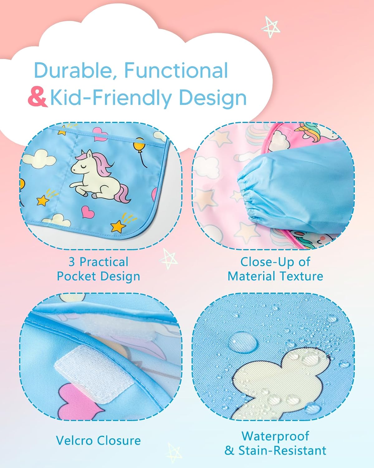 Detalle 2 de Oiomniv Kids Art Smock 2-Pack, Waterproof Long-Sleeve Aprons with 3 Pockets