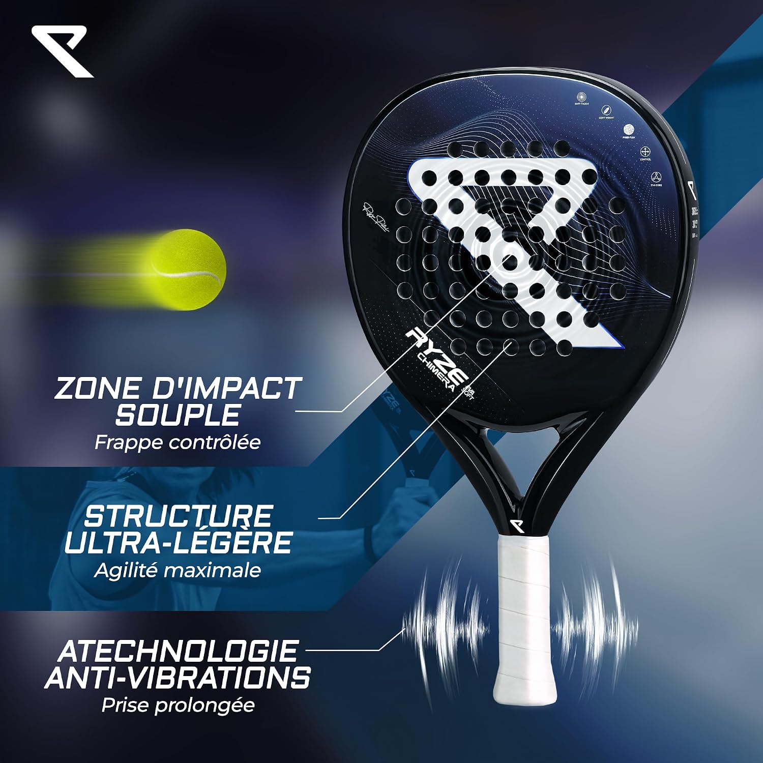 Detalle 2 de RYZE Chimera raquette de padel Carbone & Fibre de verre (contrôle + précision maximum) avec noyau EVA-15 Flex