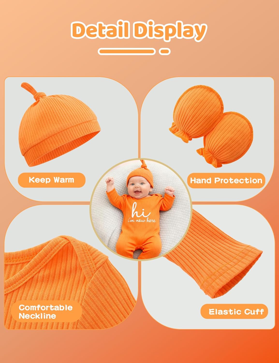 Detalle 2 de KIDDLETOWN Schlafanzug Baby – 3er Set Strampler (0–3 Monate) mit Hut & Handschuhen