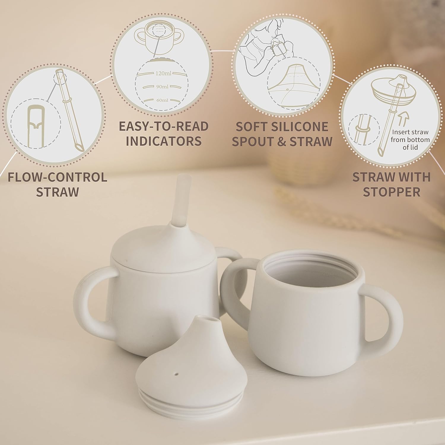 Thumbnail 2 de Moonkie Silicone Baby Sippy Cup 6+ Months (120ml) with 2 Straws – 3 Stage Transition, Leak-Proof & Dishwasher Safe