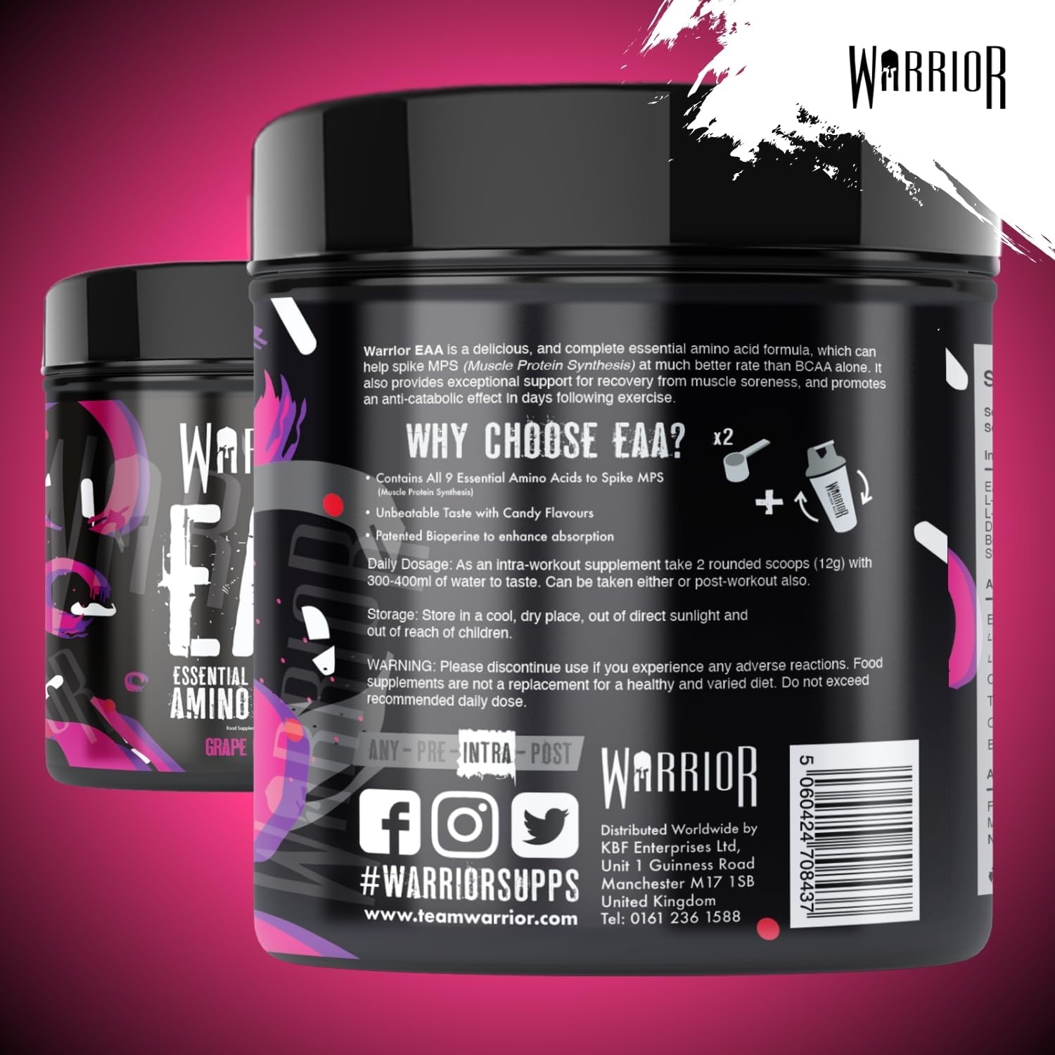 Thumbnail 3 de Warrior EAA Aminosäuren Pulver (360 g, 30 Portionen) – zuckerfrei & vegan, Trauben-Bubblegum