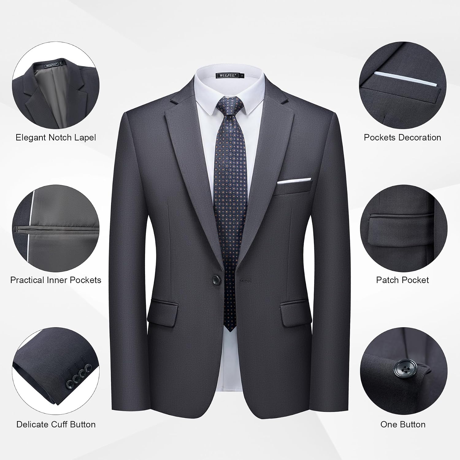 Detalle 2 de WULFUL Men's 2 Piece Suit, Slim Fit One-Button Jacket and Pants