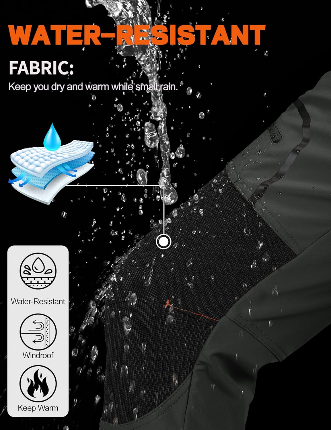 Detalle de TACVASEN Men's Outdoor Winter Trousers: Fleece Softshell, Wind and Water-Resistant Hiking Trousers