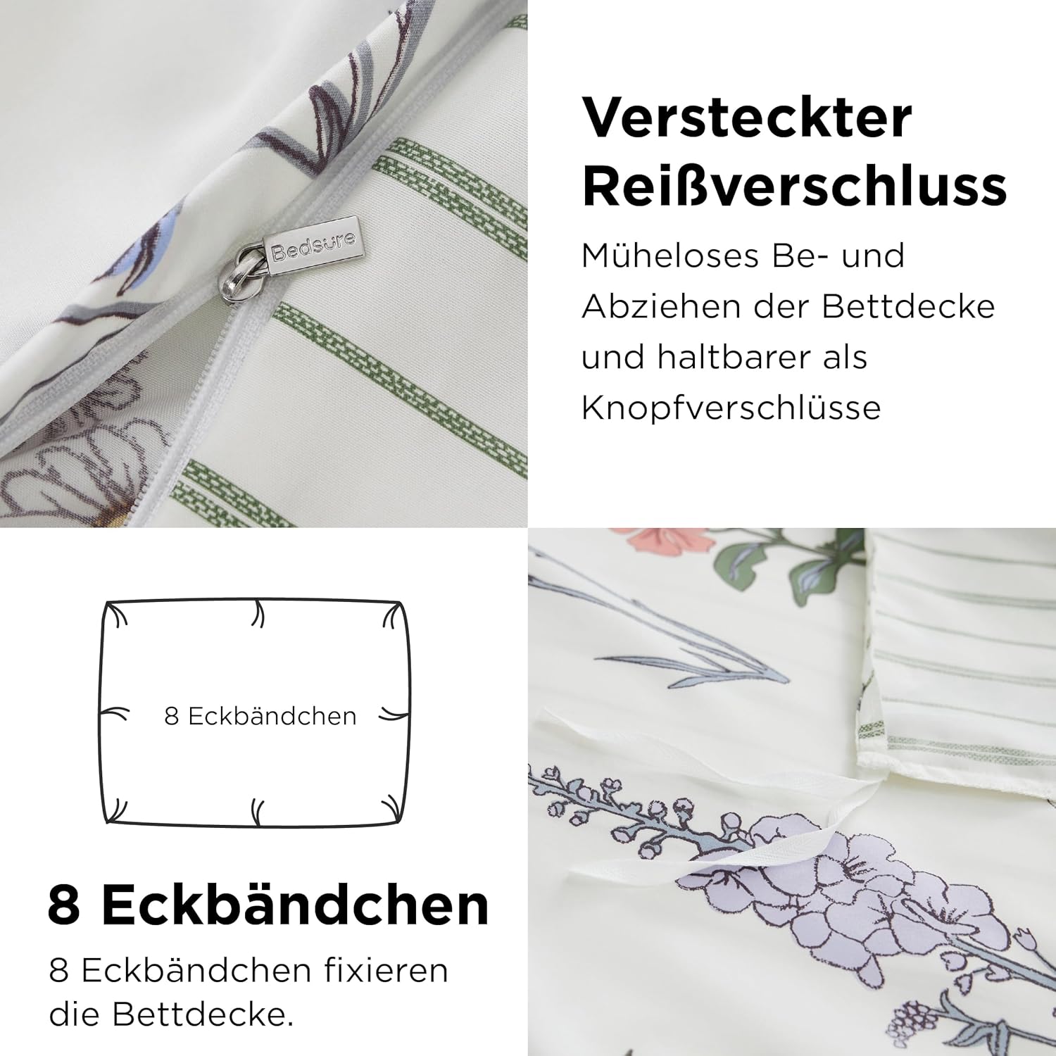 Thumbnail 4 de BEDSURE Wendebettwäsche 135x200 cm (4-teilig) mit Blumen-/Streifenmuster & Reißverschluss