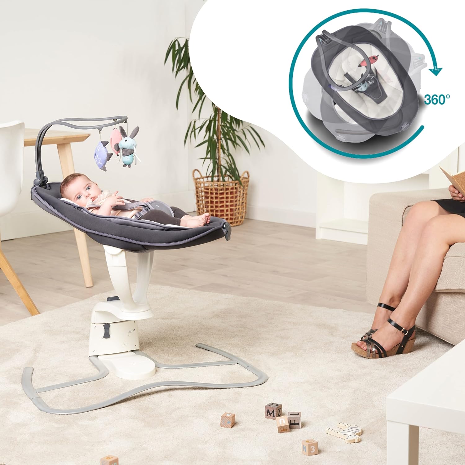 Detalle de Babymoov Babyschaukel Swoon Motion Zink – 180° Sitz, 360° Drehung, 5 Geschwindigkeiten, Bewegungssensor