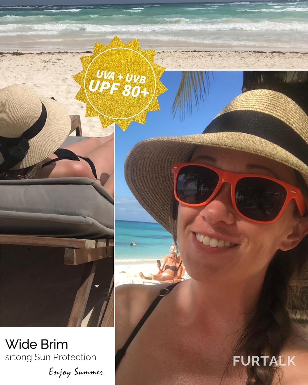 Thumbnail 6 de FURTALK Damen Sonnenhut mit UPF 50+ und breiter Krempe – faltbarer Strandhut aus Papierstroh