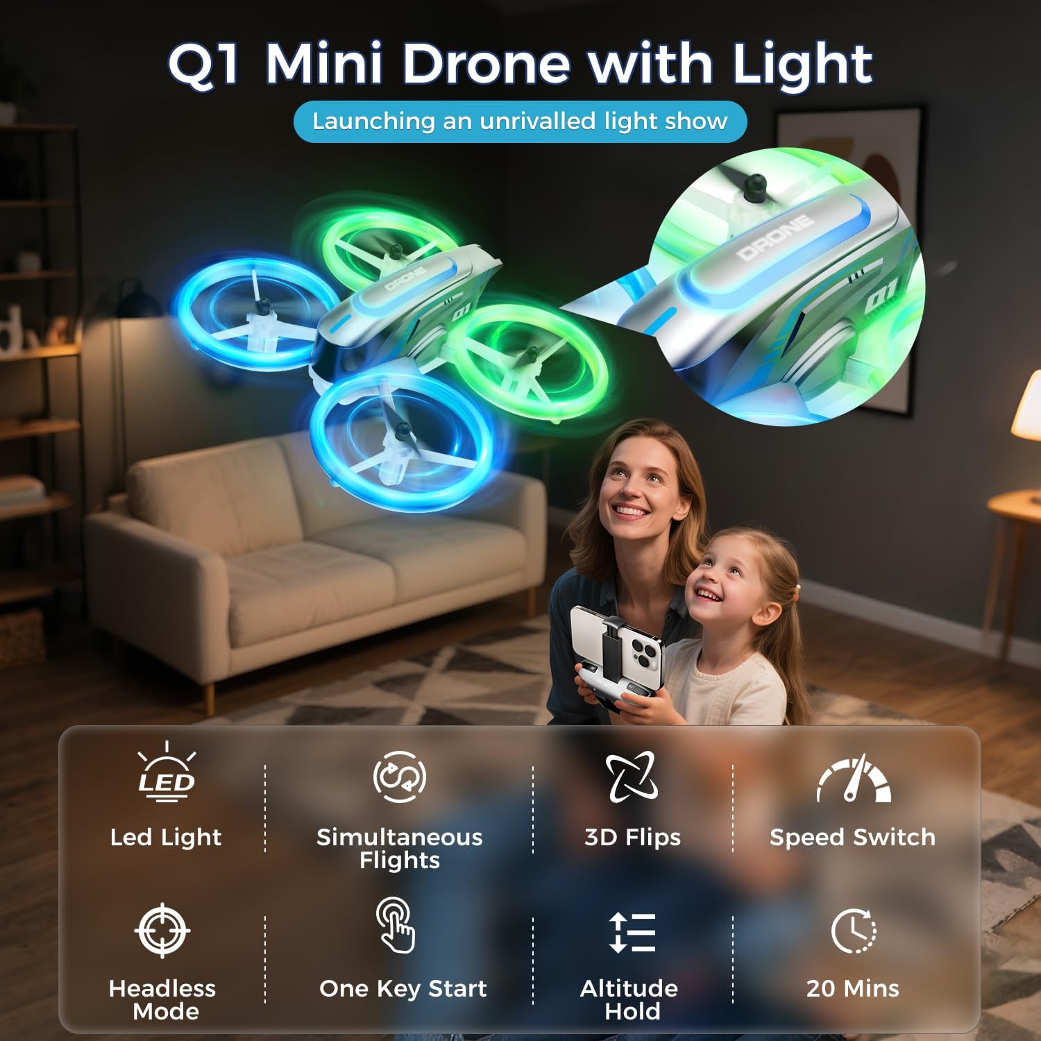 Detalle 2 de Q1 Mini Drone with Camera 4K (for Kids 8–12) – RC Quadcopter with LEDs, Headless Mode & 3D Flips, Grey