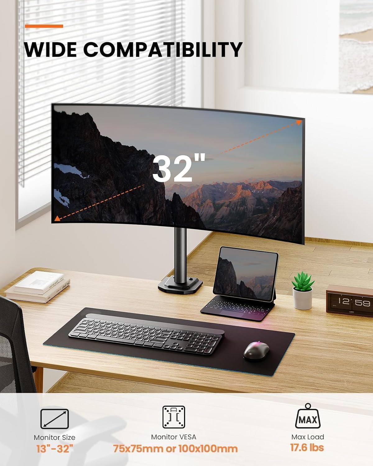 Detalle de ErGear Single Monitor Stand for 13–32” Screens, VESA 75x75/100x100 – Stable, space-saving desk mount